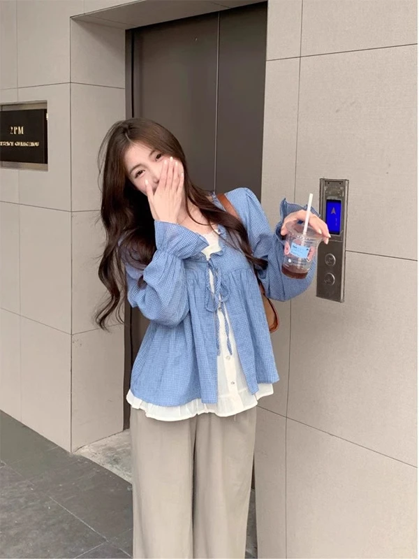 

plus Size 300 Pounds Plaid Splicing Shirt Women's Sweet Loose Slimming Concealing Shirt Korean Style Long Sleeve round Neck