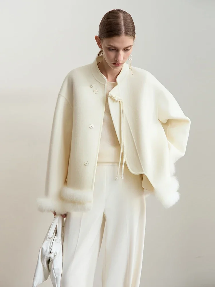 Amii Women's Coat 2026 Winter New Chinese Style Warm Woolen Jacket Woman Stand-up Collar Solid Wool Long Sleeves Coats 12444083