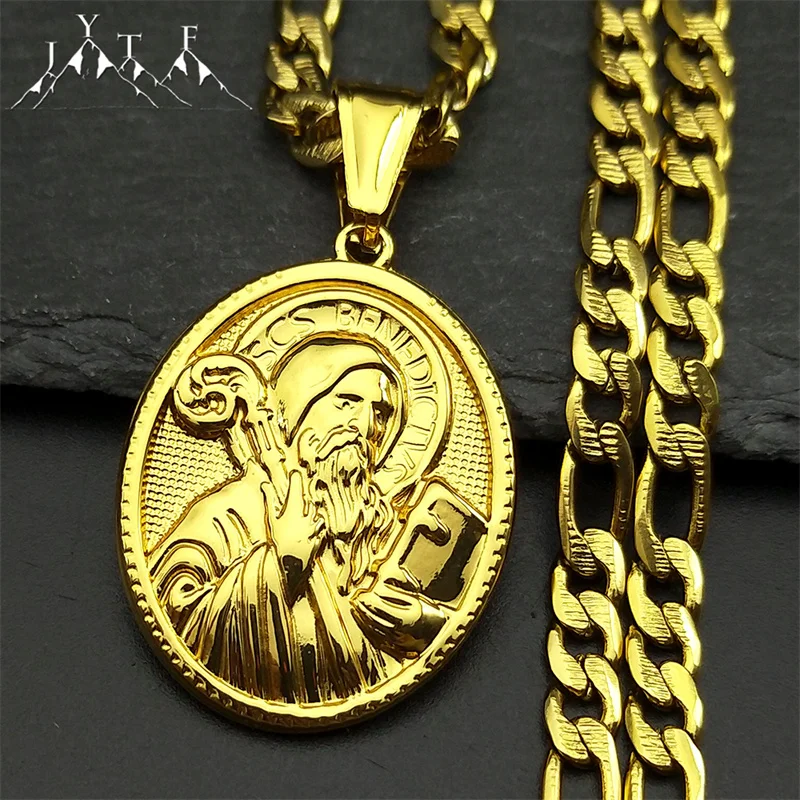 Saint Benedict Oval Medal Pendant Necklace for Women Men Stainless Steel Gold Color Catholic Religious Amulet Jewelry San Benito