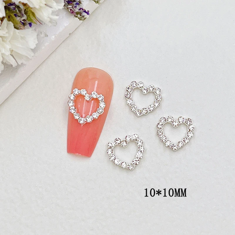 12Pcs 3D Metal Heart Nail Rhinestones Love Nail Charms Jewelry Red Pink White Crystal Glass Gems Nail Art Decorations Accessorie