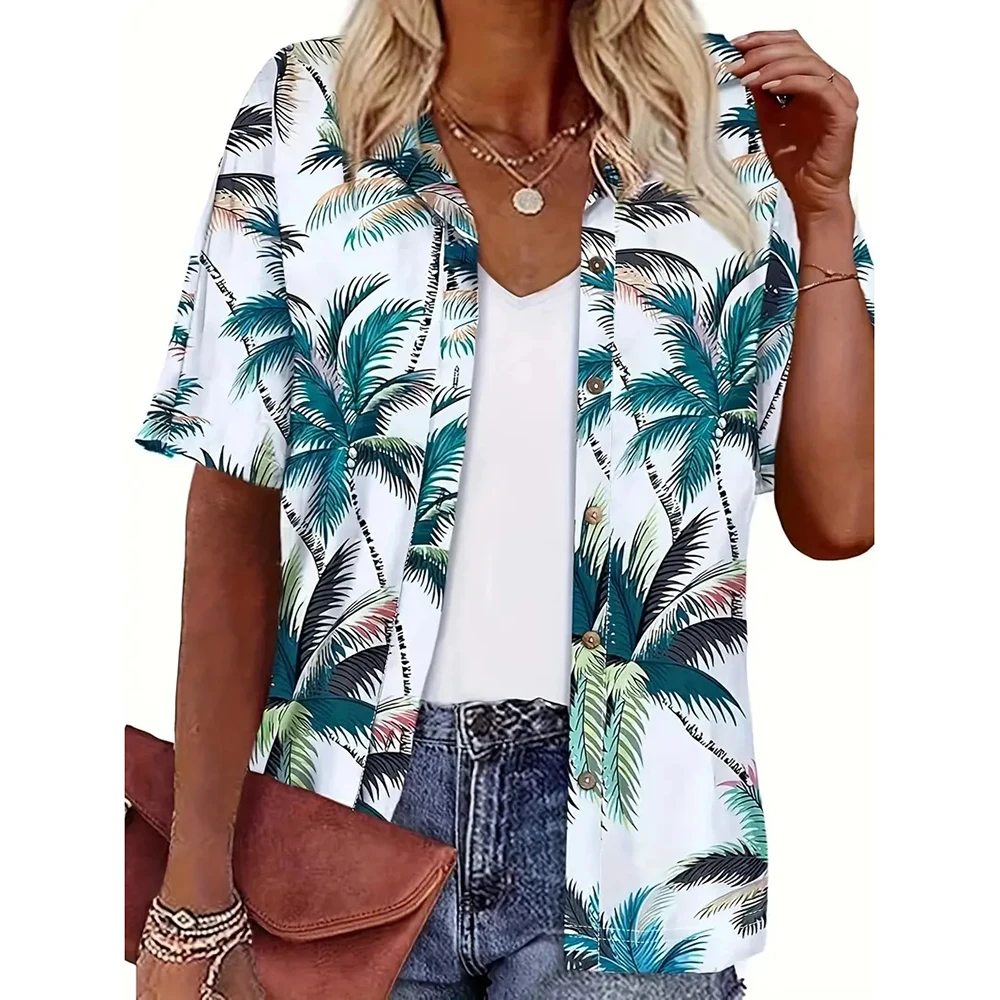 Hawaiian Style Women\'s Fashion Casual Shirts Beach Coconut Tree Printed Single Breasted Shirt Trendy Summer Loose Lapel Tops