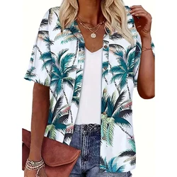 Hawaiian Style Women's Fashion Casual Shirts Beach Coconut Tree Printed Single Breasted Shirt Trendy Summer Loose Lapel Tops