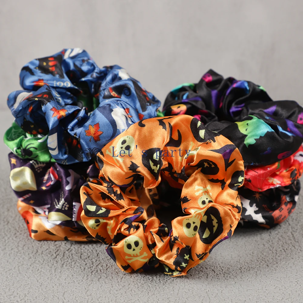 8Pcs Cartoon Ghost Pumpkin Hair Ties Skull Bat Satin Hair Band for Girl Halloween Theme Party Favors Goodie Bag Pinata Fillers