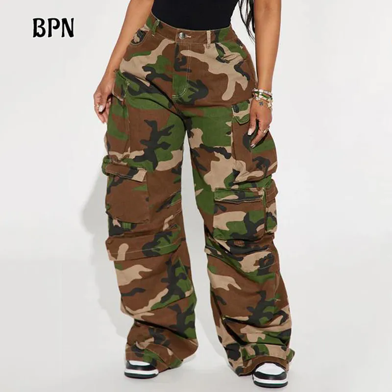 

BPN Streetwear Camouflage Jeans For Women High Waist Hit Color Patchwork Pockets Casual Loose Wide Leg Denim Pants Female Style