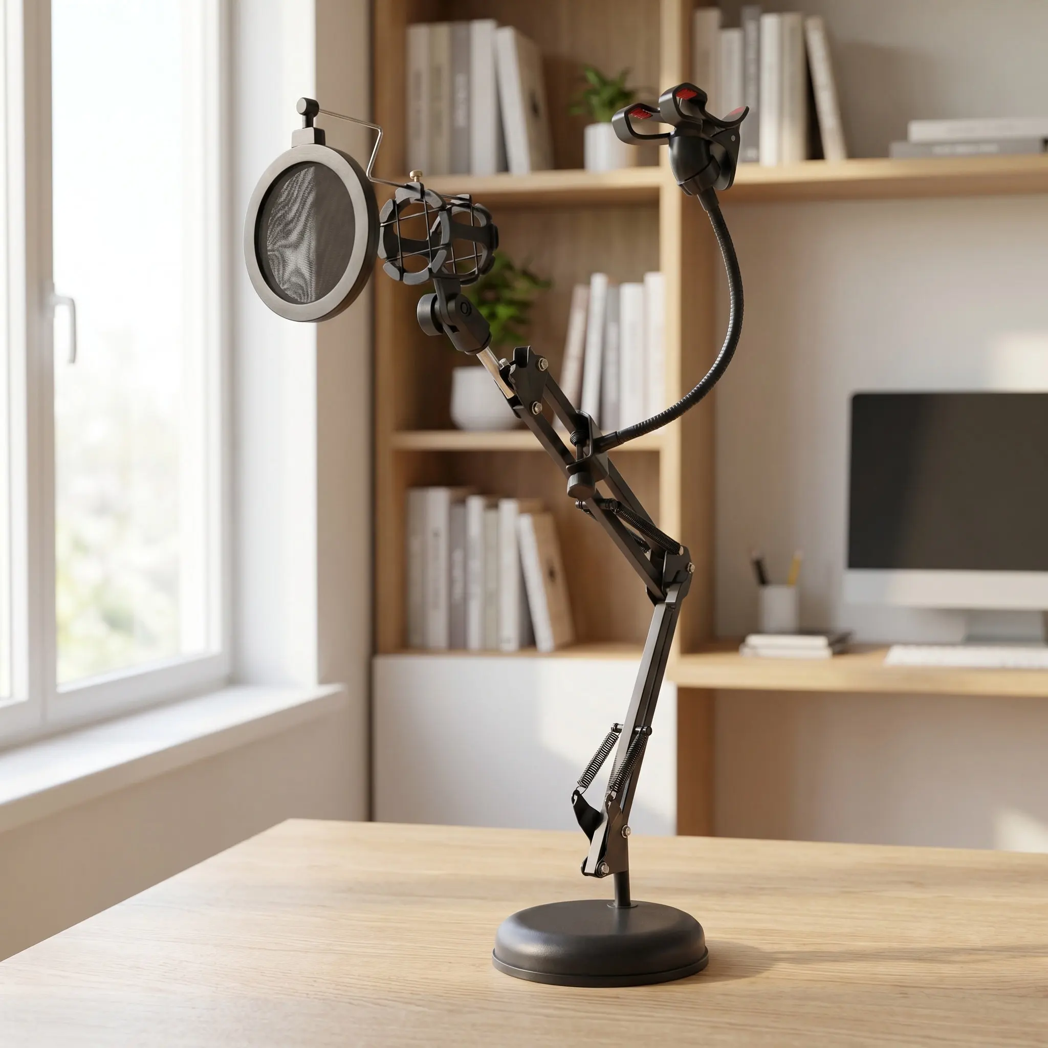 Adjustable Desktop Microphone Arm Stand Dual Device Support Pop Filter Suspension Boom Arm Phone Holder Clip Recording Studio