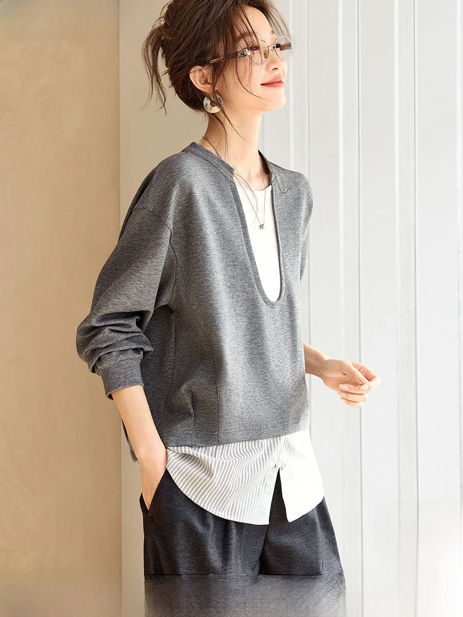 

Женская толстовка свободного кроя Mo Han Mei, весна 2026, простая повседневная модель с U-образным вырезом, цветными вставками и спущенным плечом, длинный рукав