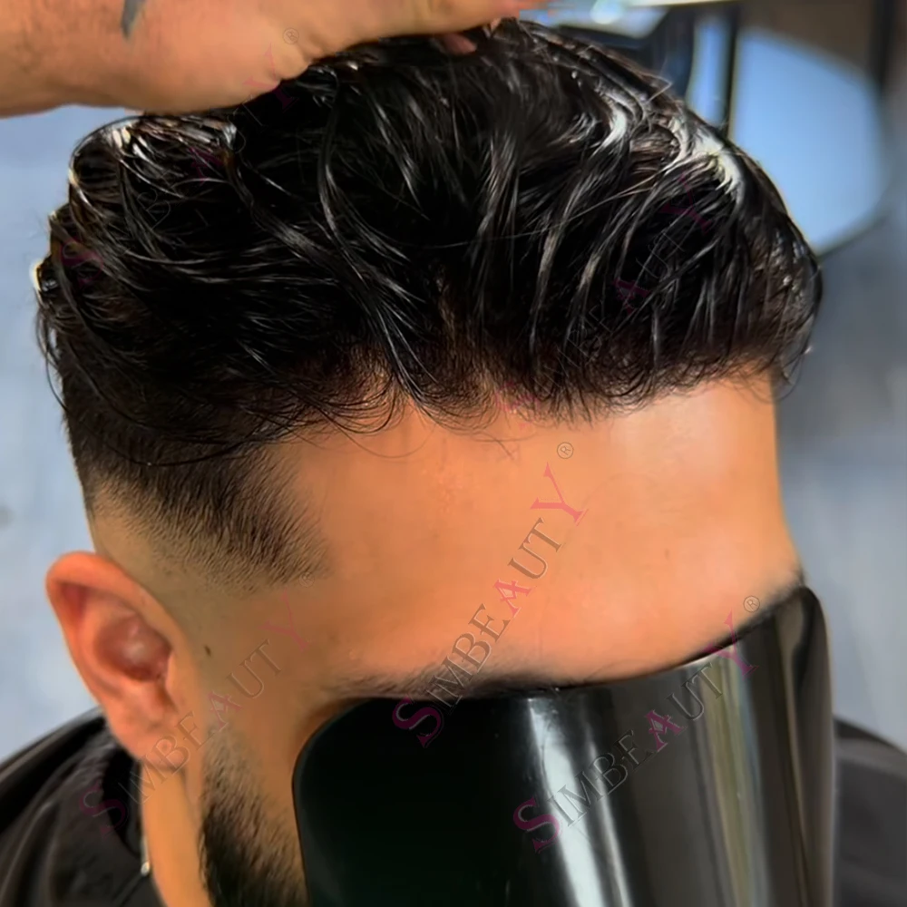 

Мужские парики из натуральных волос 30 мм с волнистым эффектом, незаметная естественная линия роста волос, силиконовый тупе, сверхпрочная основа из инжекционной кожи 0,1 мм