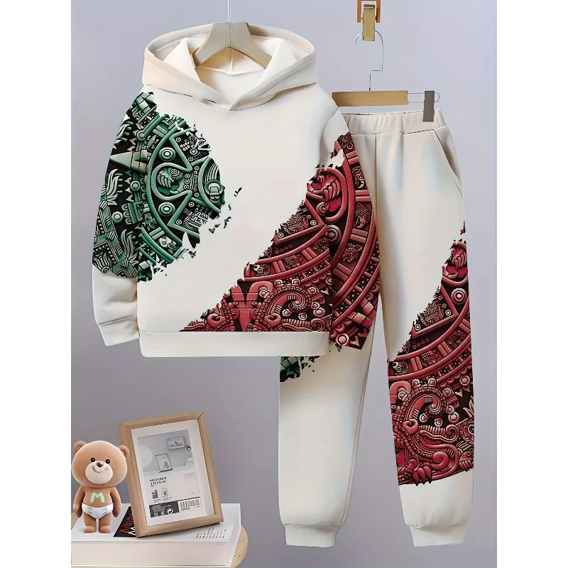 2025 Moda 3D Instrumento de guitarra digital Robot de dibujos animados Conjunto de pantalones con capucha impresos de moda