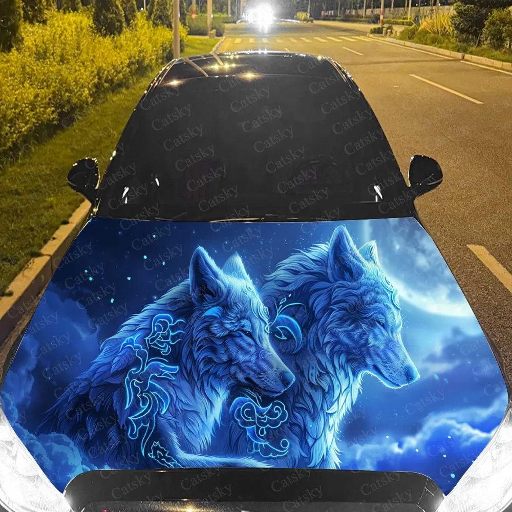 

Mysterious Blue Wolf Pair Car Cover Decal, Auto Hood Sticker, Waterproof and Self-adhesive Auto Vinyl Wraps, Cool Car Exterior D