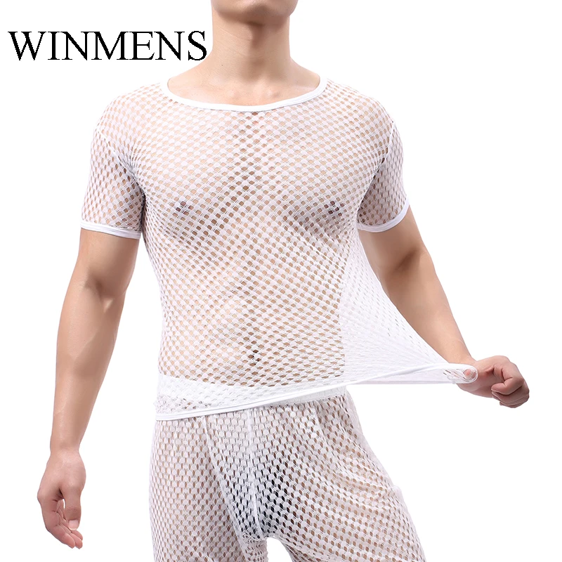 WOXUAN Brand Cut-outs Mesh Men's See Through Short Sleeve Tops O-neck Fishnet Breathable Adult Funny Sheer Undershirts Erotic