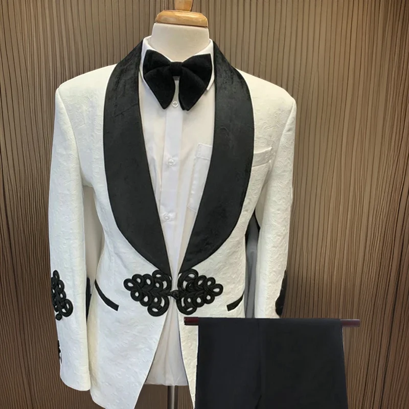 Blanc Jacquard marié Tuxedos velours noir châle revers hommes costumes pour mariage meilleur homme Blazer avec pantalon 2022 Costume de mode