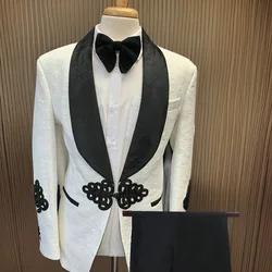 Blanc Jacquard marié Tuxedos velours noir châle revers hommes costumes pour mariage meilleur homme Blazer avec pantalon 2022 Costume de mode masculine