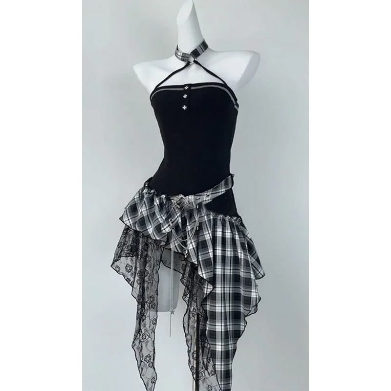 Spicy Girl Design Sense Asymmetrical Plaid Splice Tube Top Dress Women's Thin Long Sleeve Sun Protection Cover up Set