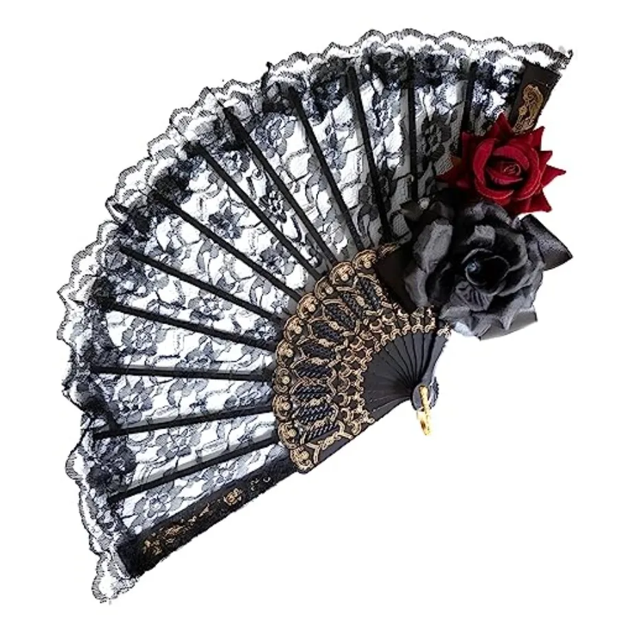 Halloween Black Hand Fan Lace Rose Handheld, Vintage Retro Flower Spanish Large Folding Fan for Women Girls Halloween Party Cos