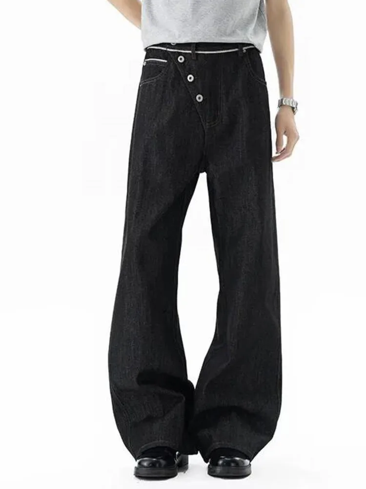 Men's Asymmetrical Edgy Waistband Jeans Black Washed Wide Leg Baggy Fit Streetwear Casual Premium Denim Pants SEYO