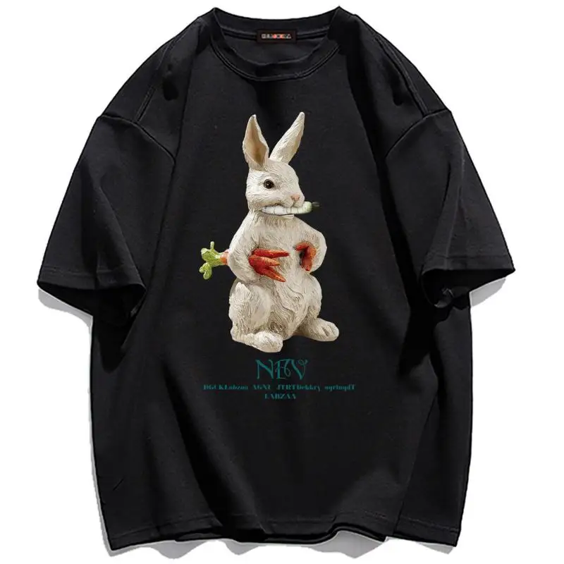 Fashion Animal Print White Rabbit Pulling Carrots Women T Shirt Casual Tees Cotton Summer Black Tops Female Clothes