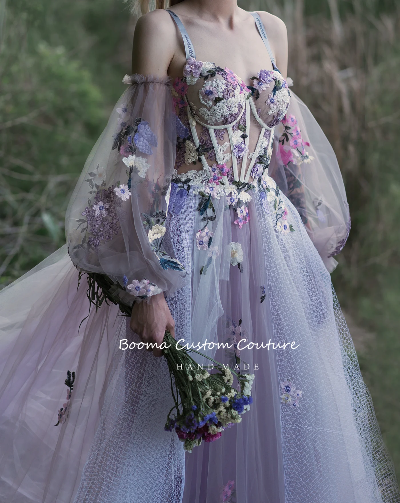 Booma Fairy Lavender Sweetheart Tulle Prom Dresses Puff Sleeves Floral Appliques A-Line Formal Party Dresses Long Prom Gowns