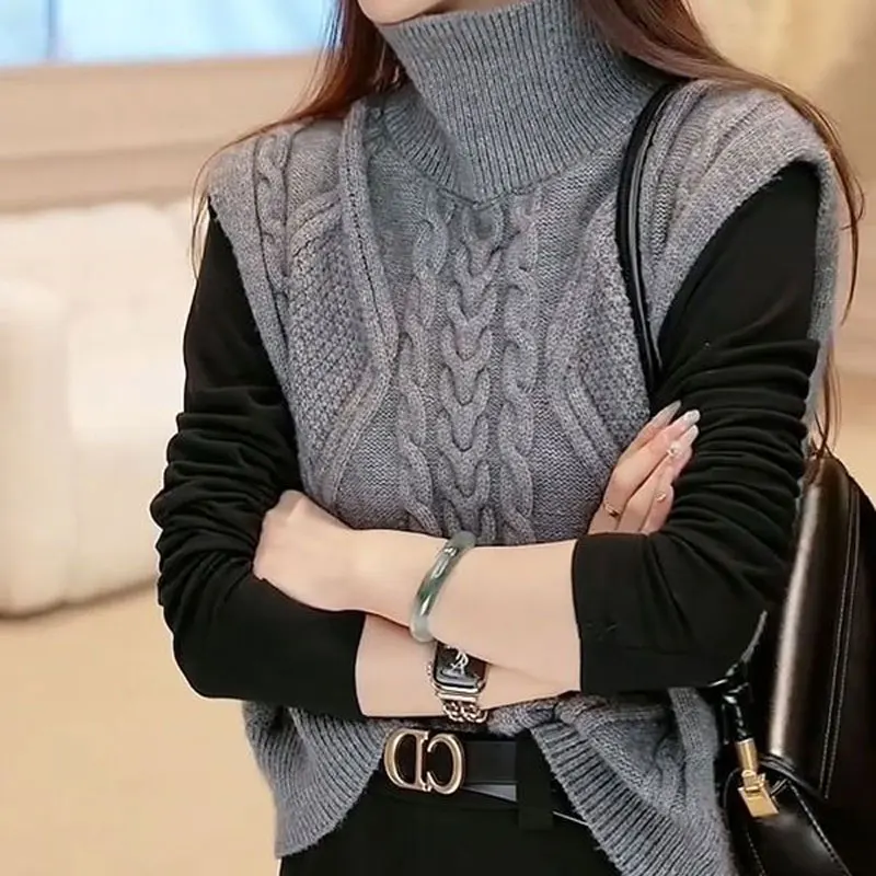 Vintage Casual Turtleneck Sweater Vest Female Clothing All-match Solid Color Autumn Winter Korean Sleeveless Knitted Jumpers New