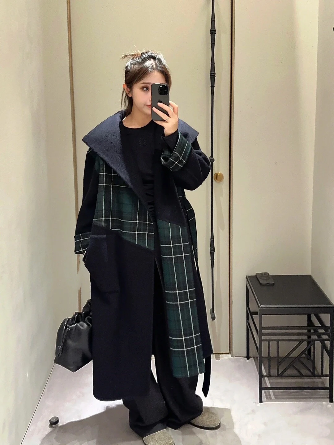 

Casual Women's Long Coat Winter 100% Wool Black Outwear Fashion Ladies Plaid Loose Coat