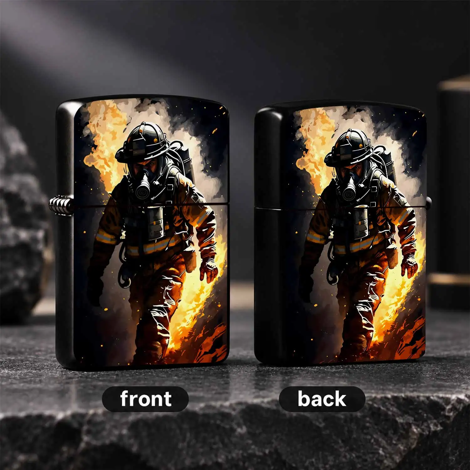 Stylish Firefighter Through Flames Art Print Lighter, Cool Brave Hero Themed Portable Ignition Tool For Outdoor Camping Daily Commute, Ideal Practical Gift For Friends Family, Multi-Scene Use Durable High-Definition Patt A Humorou And Inter