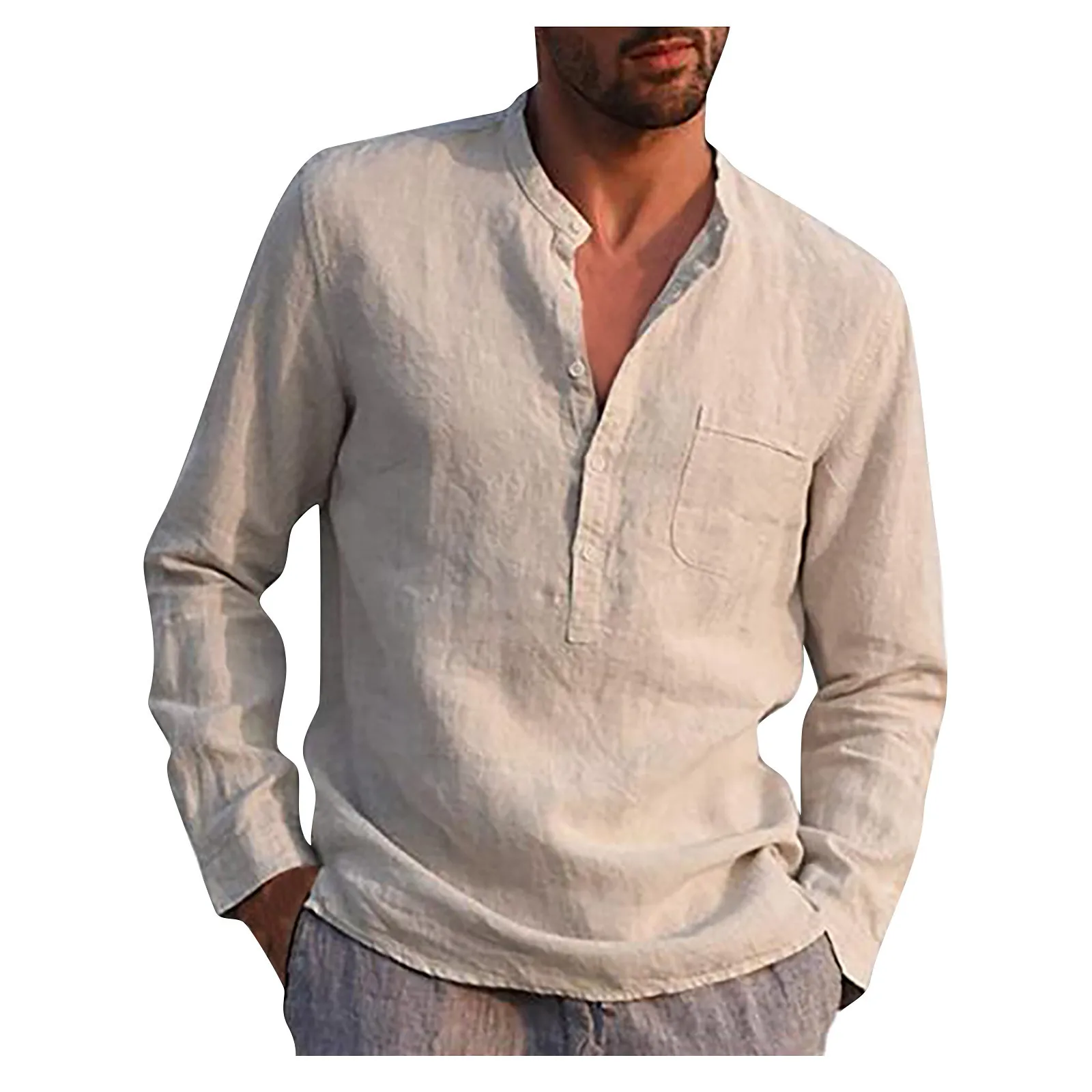 Cotton Linen Long Sleeve Shirts Spring Daily Commute Casual All-Match Shirts Classic Solid Color Loose Stand Collar Shirts