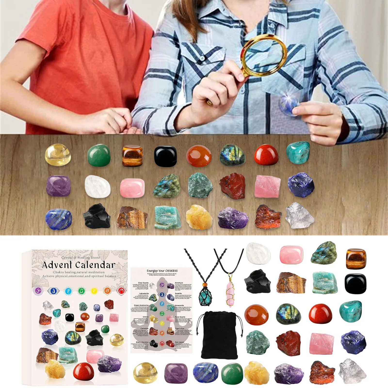 Minuterie visuelle pour enfants, calendrier de l'avent en cristal, 2025 pour enfants, 24 pierres précieuses et pierres naturelles, minuterie en verre de sable de l'avent, 15 Minutes