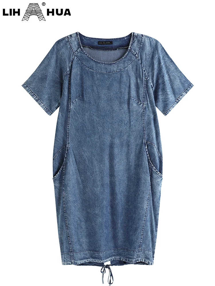 LIH HUA Robe en jean grande taille pour femme Robe d'été mince Robe décontractée Coton Tissé Denim Manches courtes