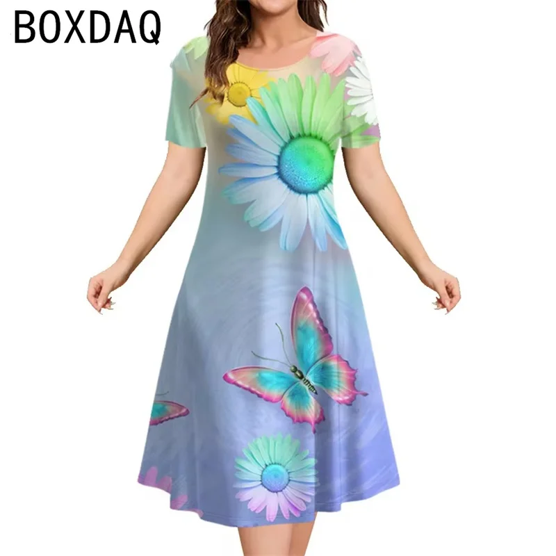 Vintage 3D Butterfly Print Women's Dress Plus Size Short Sleeve O-Neck Casual A-Line Dress Elegant Lady Dress Vestidos De Mujer