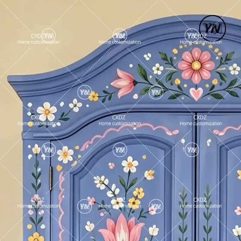 Retro Hand Painted Wardrobe Wabi Sabi Style Antique Blue Double Door Storage Cabinet Floral Design Side Cupboard for Bedroom