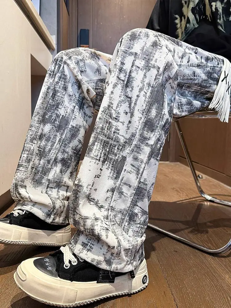 Tie Dye Casual Pants For Men 2025 Autumn New Street Style Loose Straight Leg Trousers For Teens