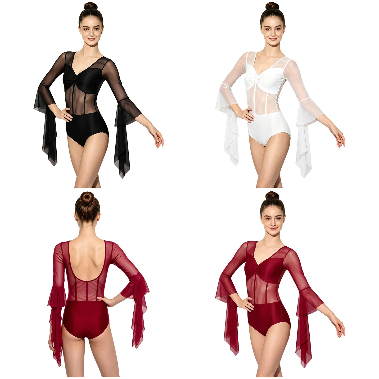 Maillot de Ballet, Gimnasia, Patinaje y Acrobacias para Mujer, Manga Larga, Frente Fruncido, Cuello en V, Espalda Descubierta, Malla Transparente, Body para Baile Latino