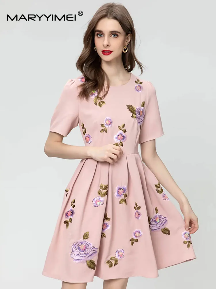 MARYYIMEI Spring Summer Fashion Women's dress Short sleeved Flower embroidered sequin Flower embroidered sequin Dresses