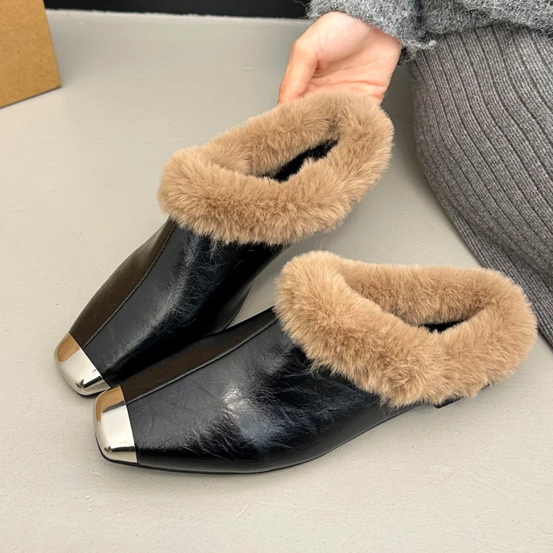 الفراء النعال النسائية ساحة تو موضة البغال Singback أحذية 2025 جديد أحذية الشتاء الدافئة عادية قصيرة أفخم دافئ فام أحذية الثلوج