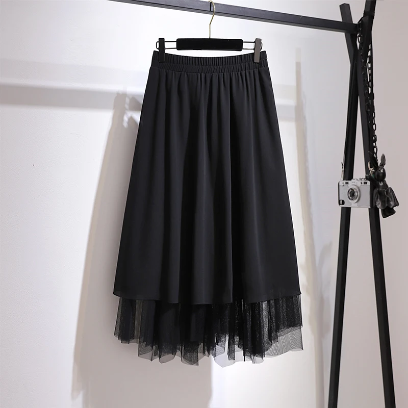 Plus size women's summer casual skirt Polyester fabric mesh hem design loose comfortable breathable black commuter party dress