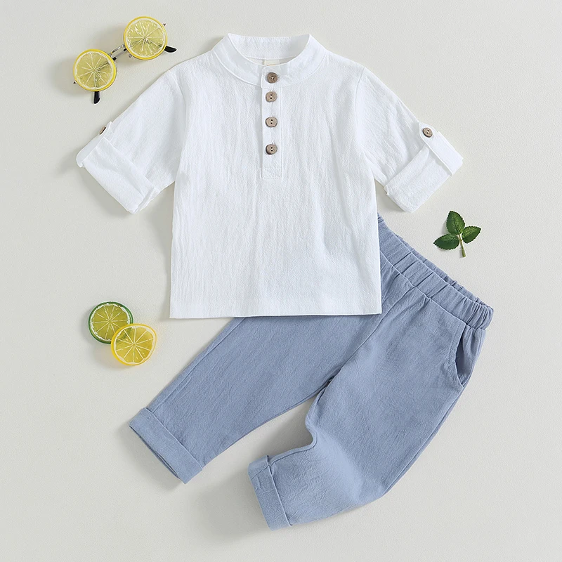 

VISgogo Kids Boys Summer Outfits Solid Color Buttons Short Sleeve Shirts and Elastic Waist Long Pants 2Pcs Cotton Linen Clothes