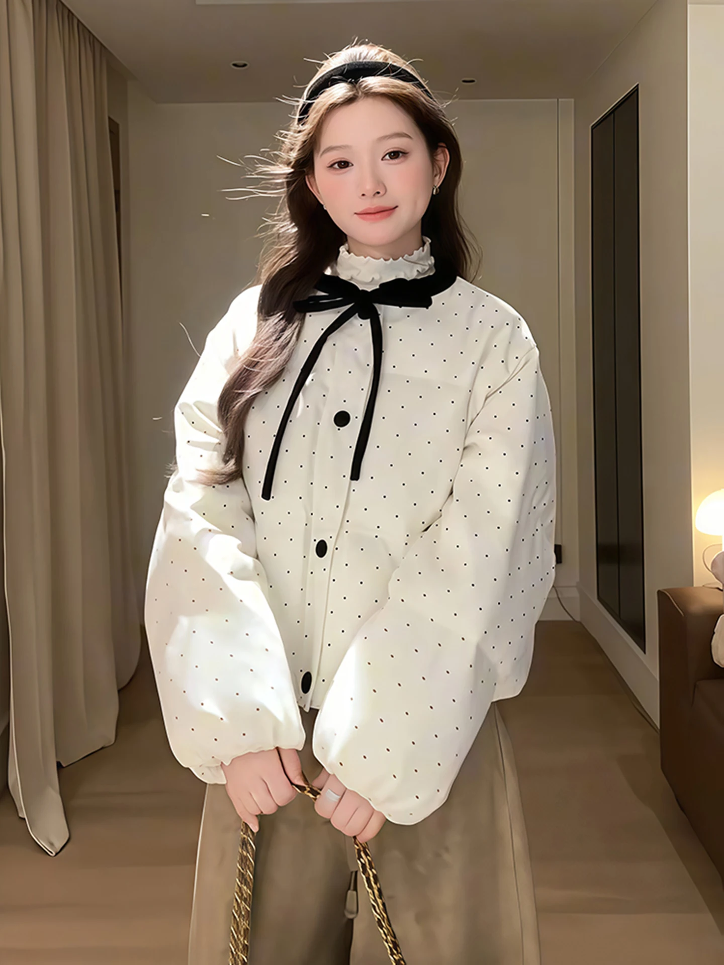 

Korean Sle Sweet Polka Dot Cotton Jaet Women's Winter Ele Small Size Age Reduction Loose Versatile Bread Coat