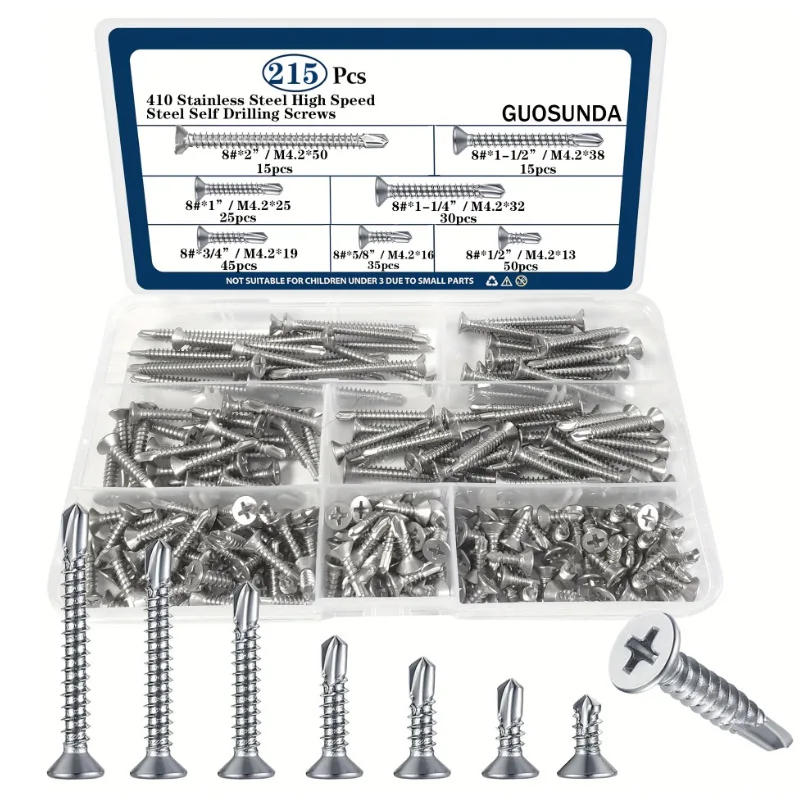 

215PCS 410 Stainless Steel Self Drilling Screw Assortment Kit M4.2 flat Head Self Tapping Screw for aluminum Sheet metal roofing