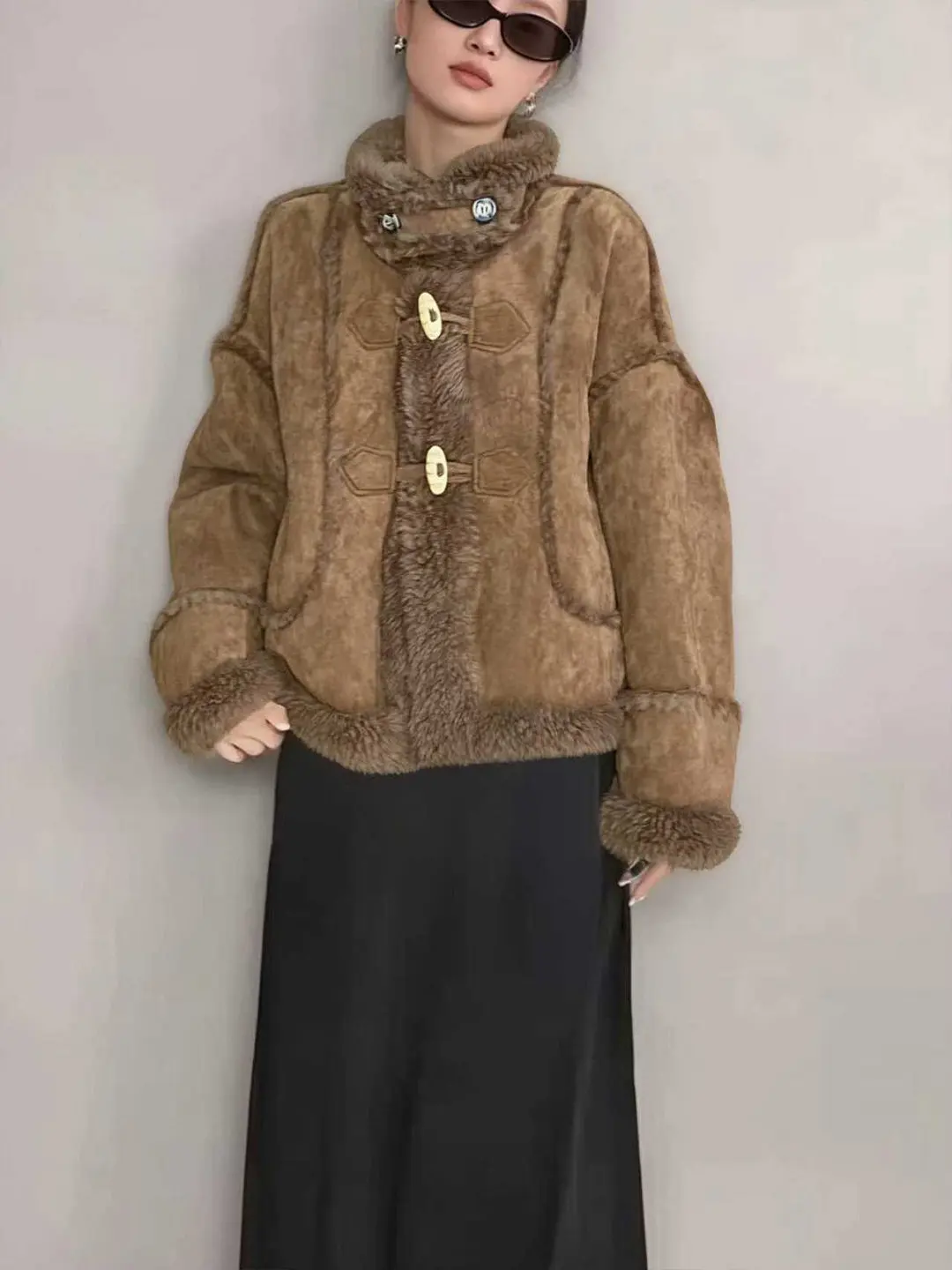 

plus Size Lamb Fur Jaet Unique Motorcycle Sle Thiened Long Sve Stand Collar Women's Spring Faion French Sle Loos...