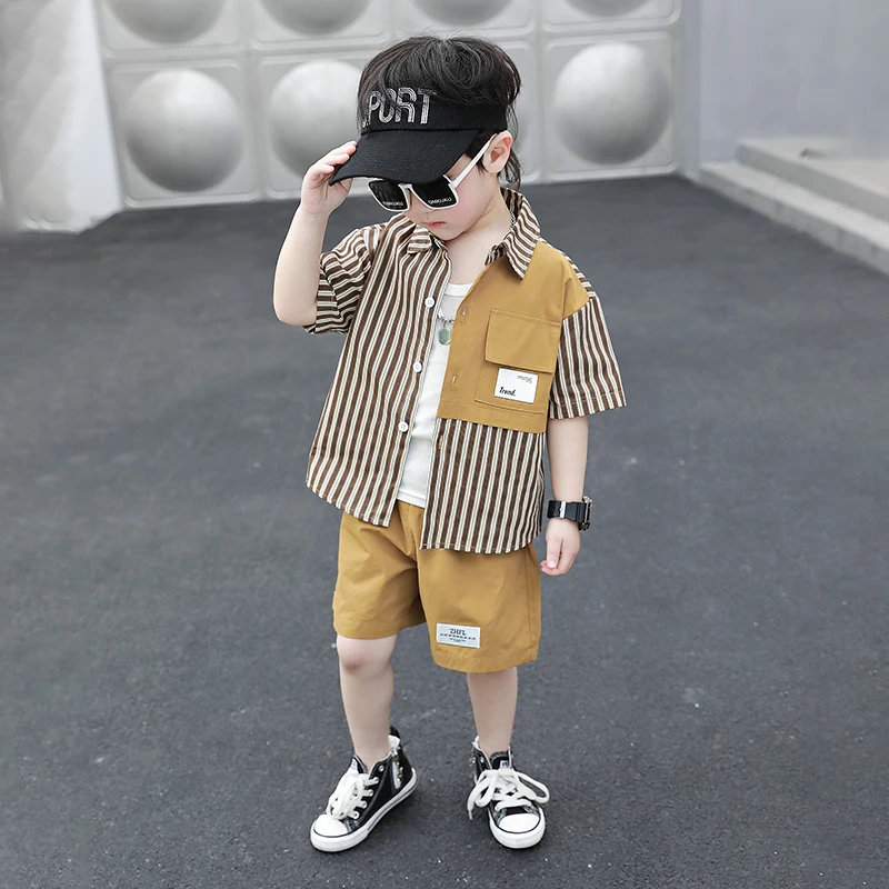 

Boys Summer Stripe irt Set ort Sve Two Piece Suit Children's Faion Baby Summer Clothes Cotton Blend Casual Sportswear