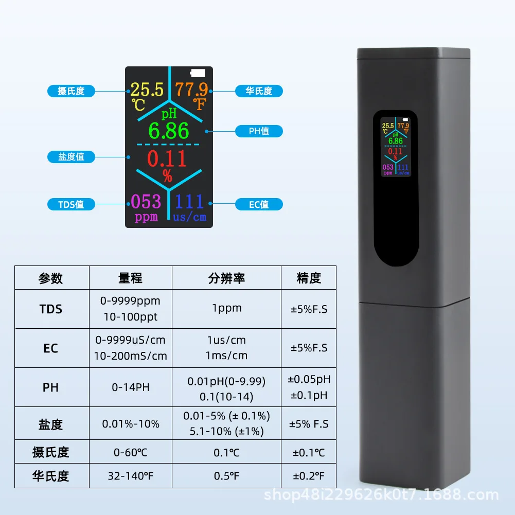 THE01858 USB Charging 5 in 1 Water Quality Tester PH Meter EC Conductivity TDS/SALT Salinity Pool Tester