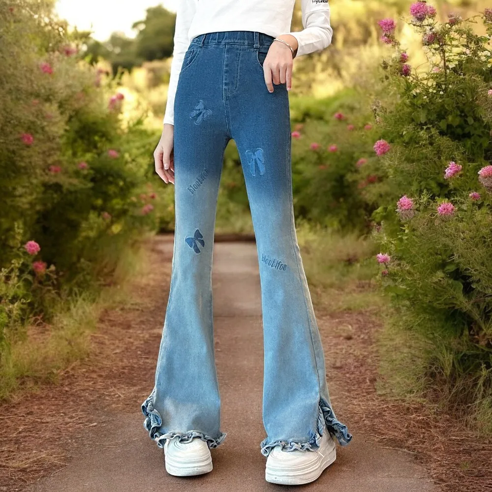 여아용 가을 유아 청바지, 벨 바닥 바지, 어린이 스키니 바지, 십대 복장, 아기 옷, 5, 6, 7, 9, 12 세