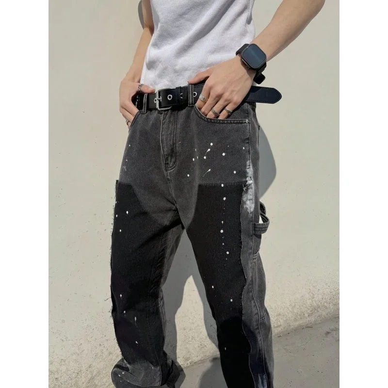 Men's Fashion Jeans Work Pants, European and American Fashion Workwear Elastic Patchwork Denim Layered Flared Pants XS-XXL