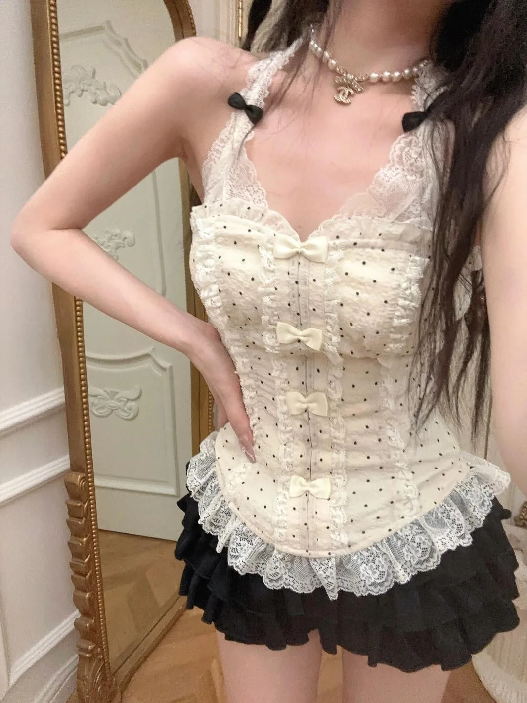 

Pure Desire Spicy Girl Lace Dress with Polka Dot Print Strapless Top And Cake Short Skirt Women's Summer Fashion Set