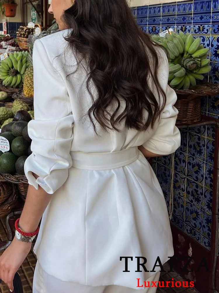 TRAFZA Office Lady Solid White Blazer Suits Women V Neck Sashes Oversized Blazer+High Waist Wide Leg Pants Fashion 2024 Sets