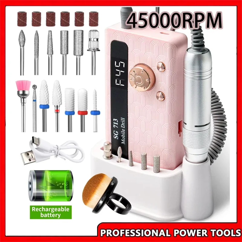 Trapano per unghie portatile professionale 35000/45000 giri/min Lima per manicure elettrica ricaricabile per rimozione smalto gel per unghie Grindin