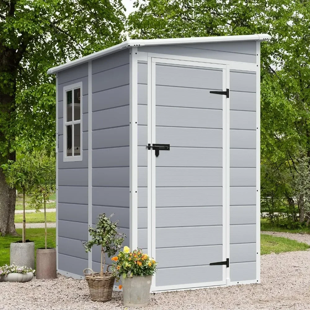 

Outdoor Storage Shed, 5 x 4 FT Resin Shed with Floor and Lockable Door, Plastic Outside Tool Sheds for Patio, Backyard, Garden