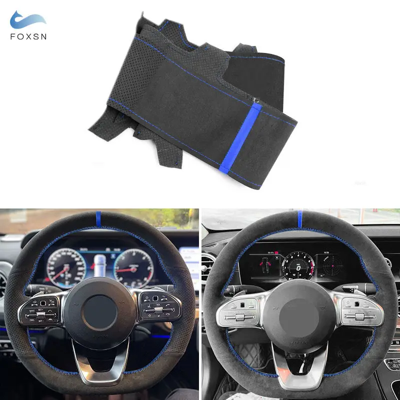For Mercedes Benz A B C E Class W177 V177 W247 W205 C118 C257 W213 EQA H243 Car Steering Wheel Suede Leather Blue Strip Cover