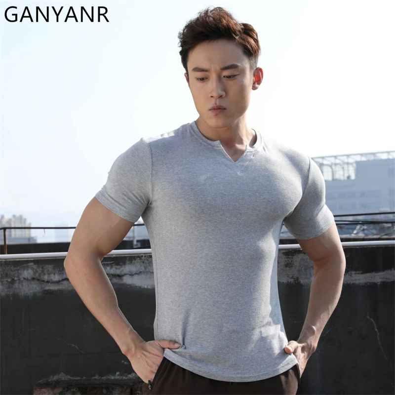 GANYANR Men's Running T-shirt Short Sleeve Summer Compression Sports Fitness Football Gym Clothing Training Basketball Exercise