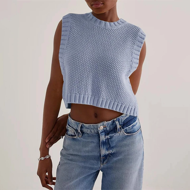 Women Chic O Neck Knitwear Crop Tops Vintage Backless Split Knitted Vest Fashion Sleeveless Loose Fit Pullovers Y2K Streetwear