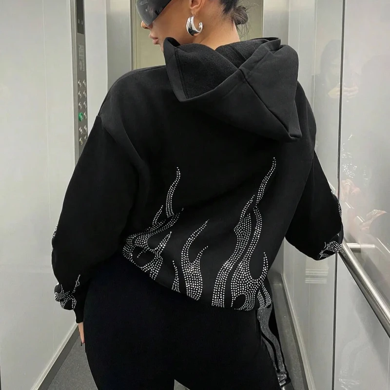 Flamme Muster Strass Mode Lässig Hoodies Gothic High Street Schwarz Vintage Trend Frauen Lange Sleeve Zipper Strickjacke Mantel